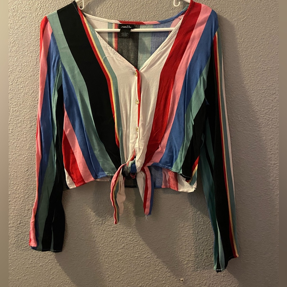 Multicolor Button-Down Tied Blouse